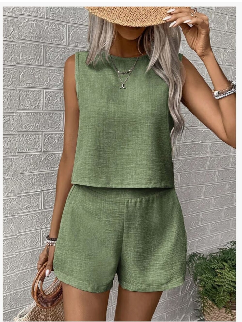 Sleeveless Two-Piece Linen-Blend Shorts Set - Green #61 - Picture 5 of 5